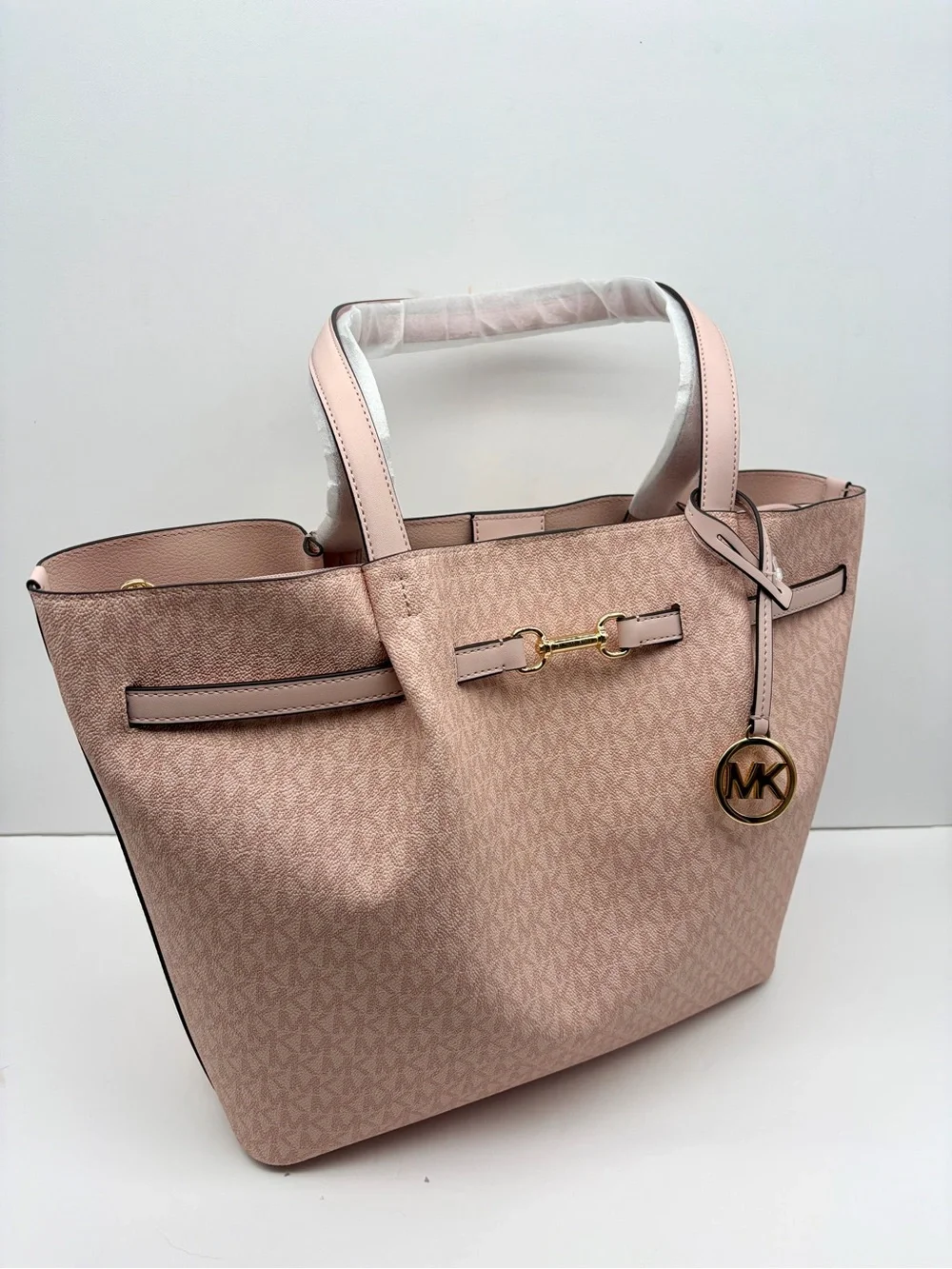 Michael Kors Carson Lg CZ EW Signature Logo Shoulder Tote Handbag Powder Blush